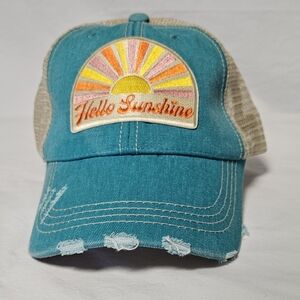 Hello Sunshine Patch Distressed Denim Trucker Hat by the brand Katydid.